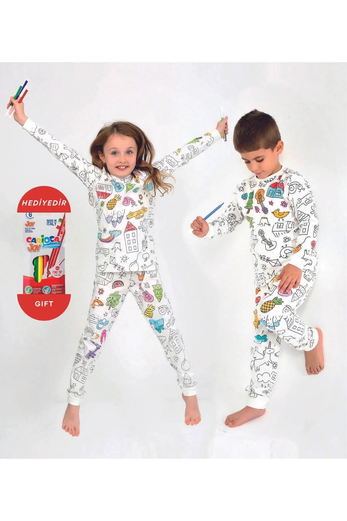 BOYANANİLİR(Özel Kalem)Kız Erkek İçin Uygun Çocuk Pijama Takımı.(Ürün teklidir)Boya Hediyemizdir.