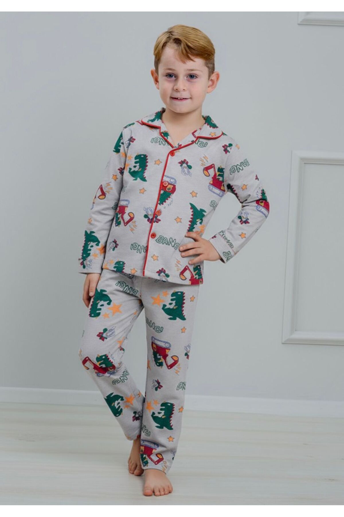 Erkek Çocuk Dinazor Desenli Düğmeli Alt Üst Pijama Takımı