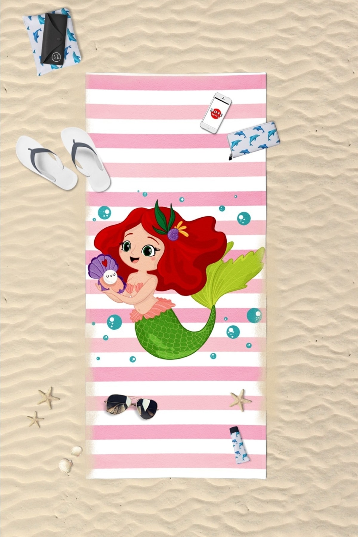 Kız Çocuk Deniz Kızı Desenli Plaj Havlusu, Banyo Havlusu