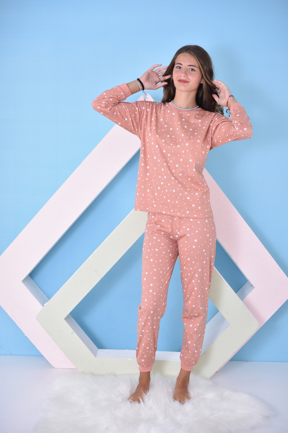 Kız Çocuk Garson Boy Empirme Süprem Kumaş(Hava Alabilen Terletmez)PudraPijjama Takımı