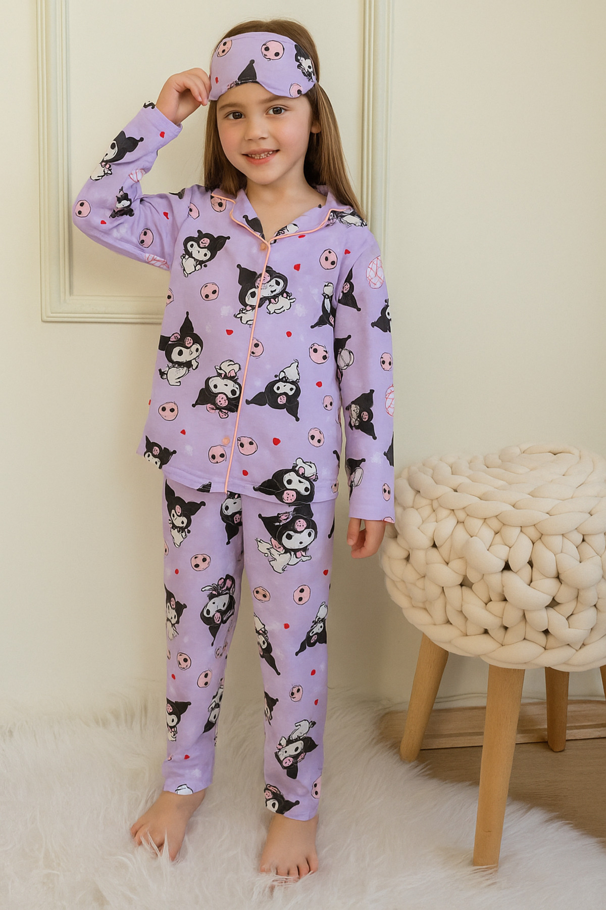 Kuromi Kız Çocuk Gömlek Yaka Düğmeli Uzun Kol Pijama Takımı