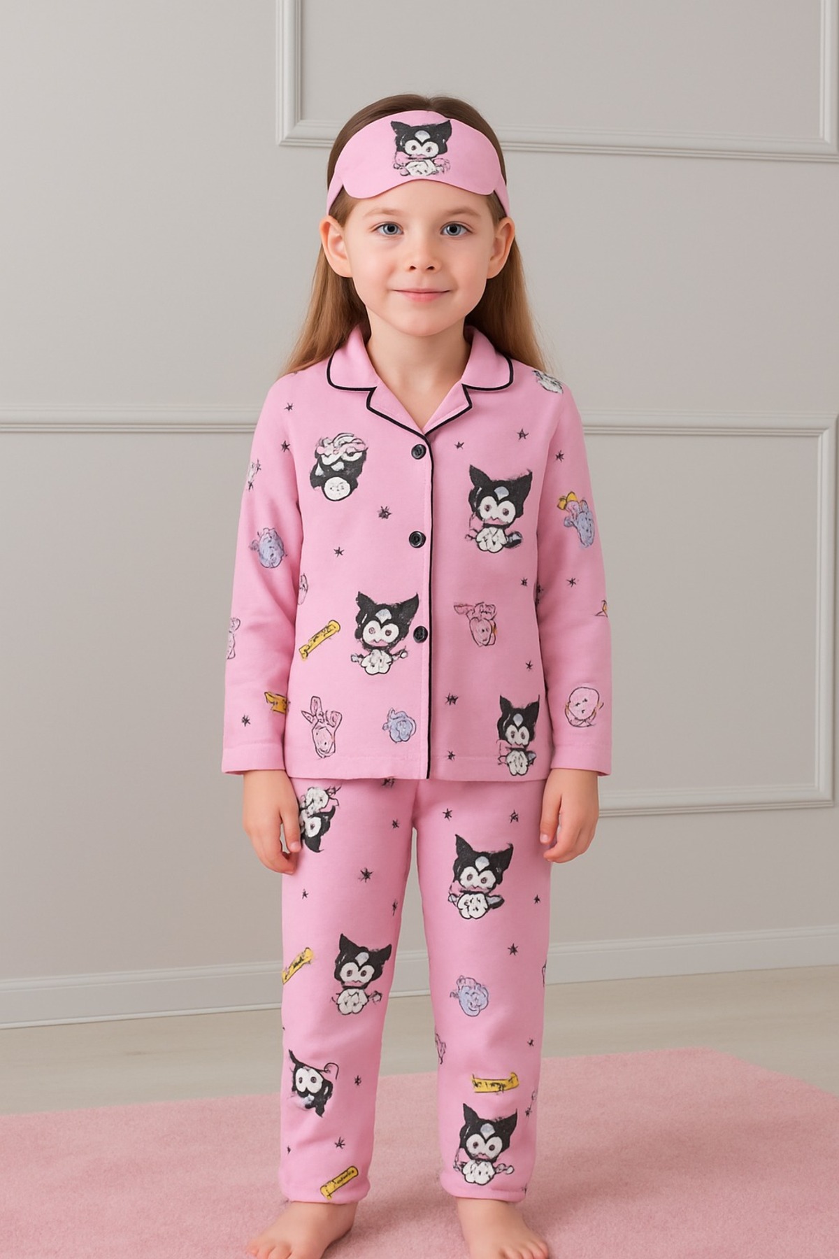 Kız Çocuk Kuromi Desenli Pembe Renki Uyku Bantlı Pijama Takımı