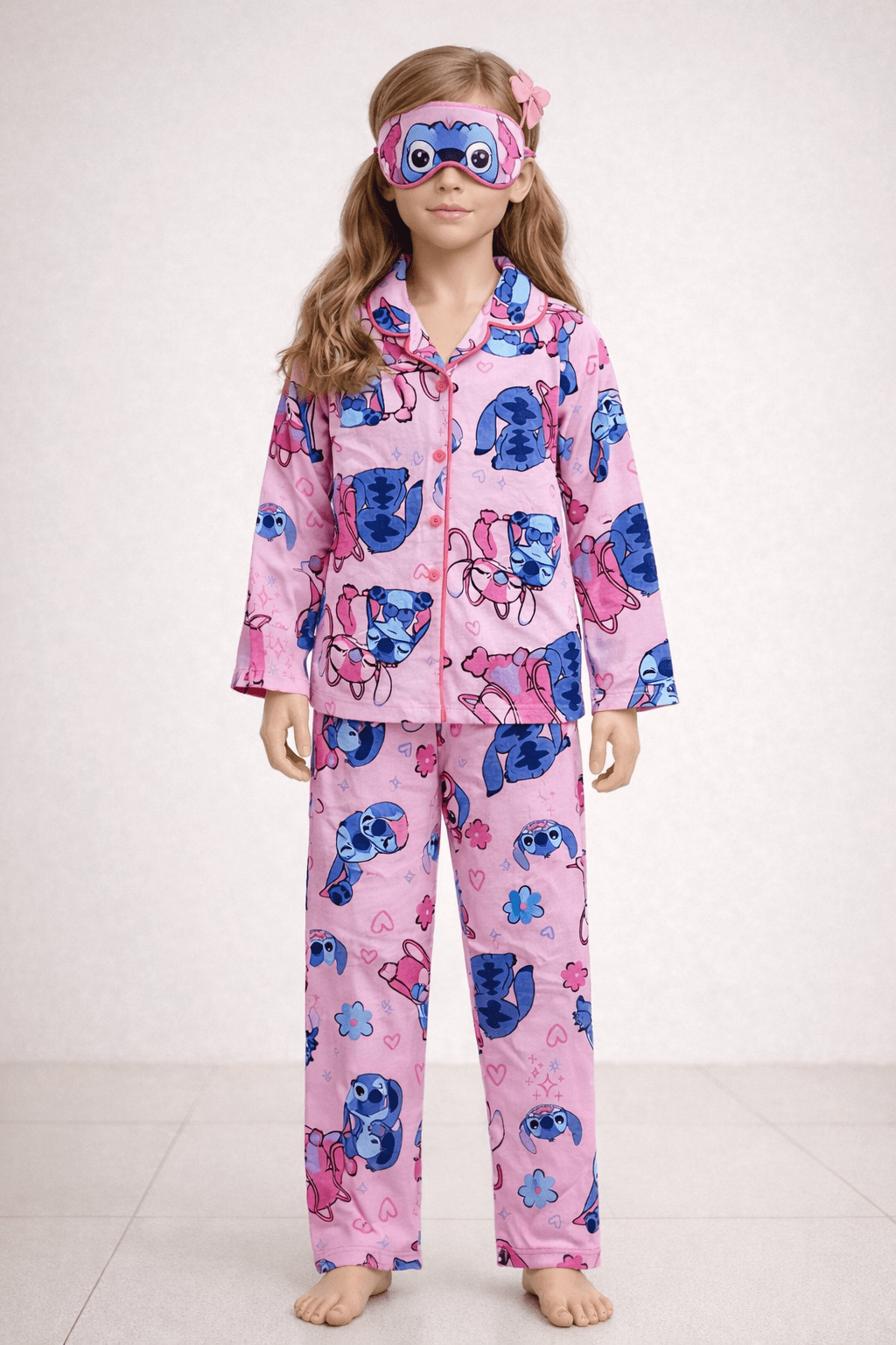 Kız Çocuk Stitch Desenli Uyku Bantlı Pembe Mor Uzun Kollu Pijama Takımı
