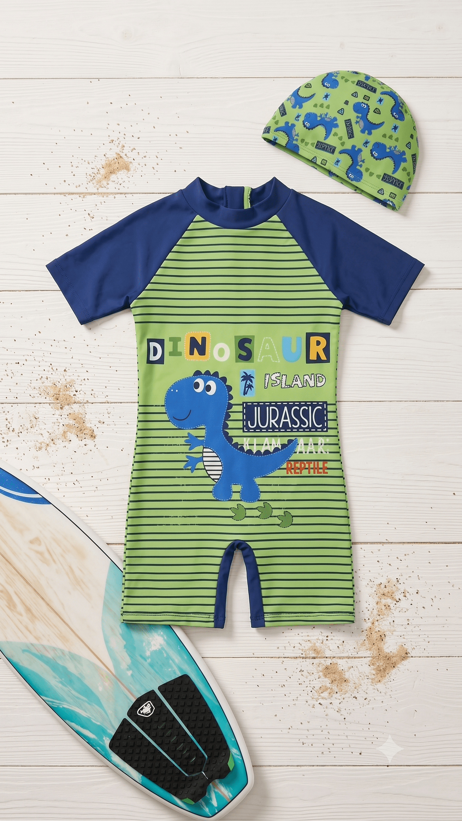 Erkek Çocuk Dino Desenli Boneli Yeşil Renli Mayo